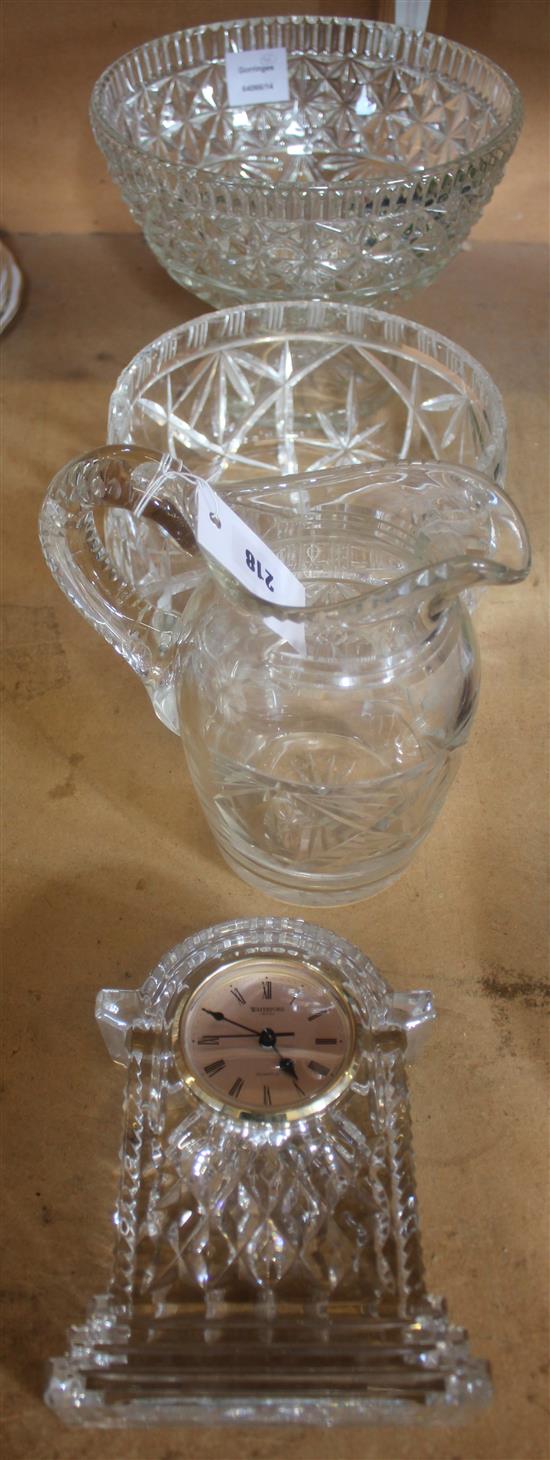 2 glass bowls, glass jug and glass mantel clock (4)